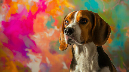 Beagle dog portrait in front of a vibrant and colorful studio background showcasing the playful and friendly nature of this beloved canine breed