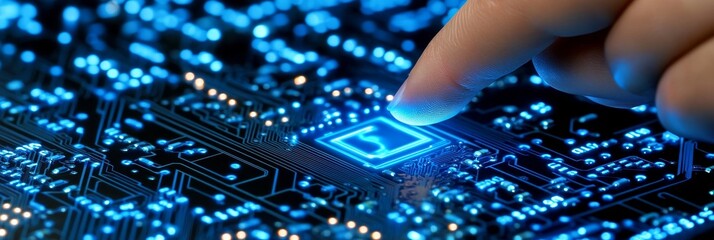 Poster - Human Finger Glowing As It Activates A Powerful Microchip Within An Advanced Circuit Board.