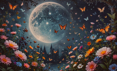 Poster - painting of a moon with many butterflies flying around it. the butterflies are in various colors and