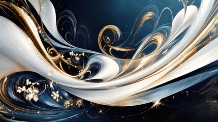 Aufkleber - a luxurious abstract design featuring fluid gold and silver swirls on a deep blue background. the sm