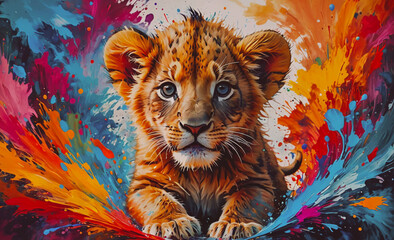 Poster - Baby tiger is sitting in a splash of paint. The tiger is brown and white. The splash of paint is colorful and covers the entire background