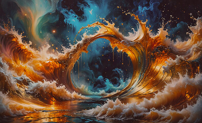 Aufkleber - Painting of a wave with a golden circle in the middle. The circle is surrounded by water and the sky