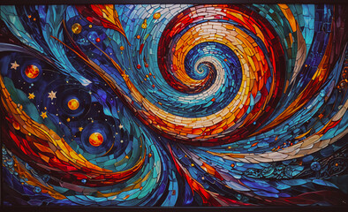 Poster - Colorful painting of a spiral with stars and planets. The spiral is blue and red