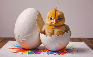 Poster - Baby chick is standing in an egg. The egg is cracked open. The chick is looking at the camera