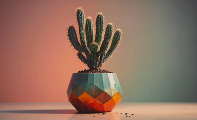 Poster - Cactus is in a vase with a brown and orange base. The vase is on a table