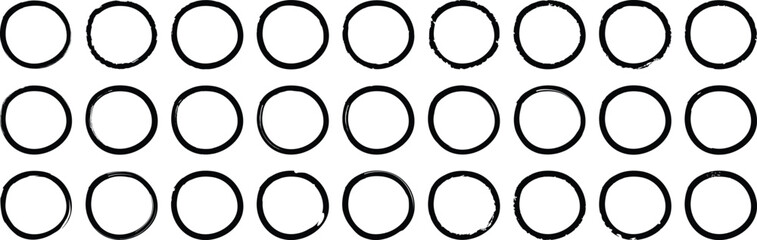 Poster - Grunge circle brush. Grunge circles shapes on white background. Grunge round shapes, paint circle, stroke border frame vector. Grunge brush