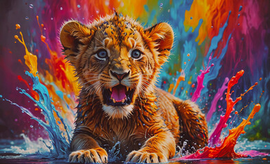 Poster - Young tiger cub is lying in a pool of water, surrounded by colorful splashes. The water appears to be a mix of red, blue, and yellow, creating a vibrant and playful scene