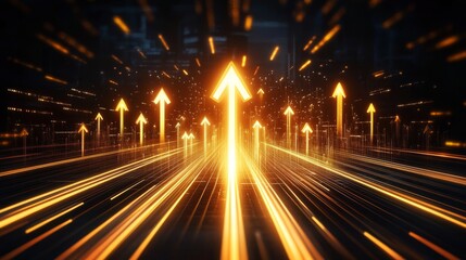 Poster - Golden arrows soar above a vibrant city, symbolizing growth and advancement in a digital realm. Light trails radiate from a point, showcasing speed, innovation, and a bright future of aspirations