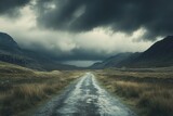 A road leading into the distance, with dark storm clouds overhead, symbolizing the challenges and trials of life.
