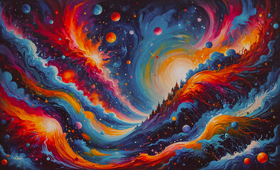 Poster - painting of a colorful space with a sun in the middle. there are many planets and stars in the paint
