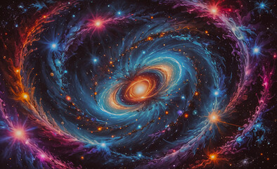 Poster - colorful spiral galaxy with a bright orange star in the center. the galaxy is filled with many stars