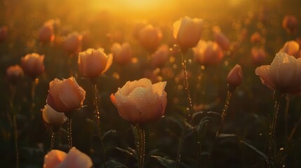 Wall Mural - Golden Hour Dewdrops: A Field of Poppies Basking in Sunrise