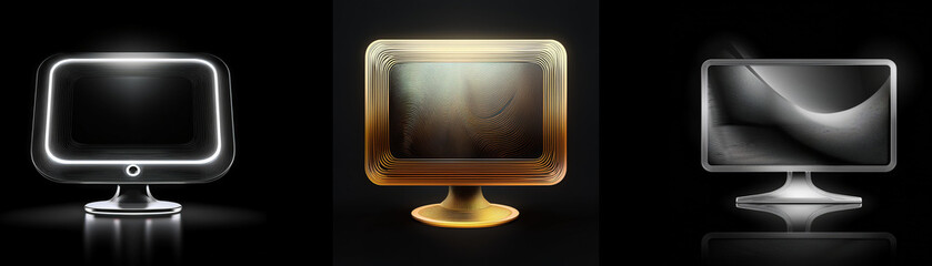 Leinwandbilder - Three stylized monitor icons;  silver, gold, and dark gray, glowing softly against a black background.  They showcase varying design aesthetics.
