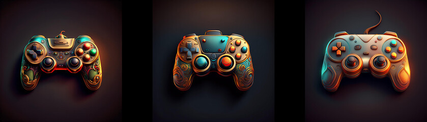 Poster - Three stylized game controllers, weathered and glowing, are displayed against a dark background.  Each controller shows unique wear and tear, suggesting a history of use.