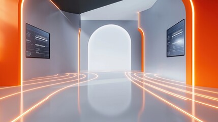 Leinwandbilder - Modern virtual studio background suitable for live shows. Empty space with glowing orange lines on grey walls, floor. Suitable for news broadcasts, conferences, interviews. 3D rendering with
