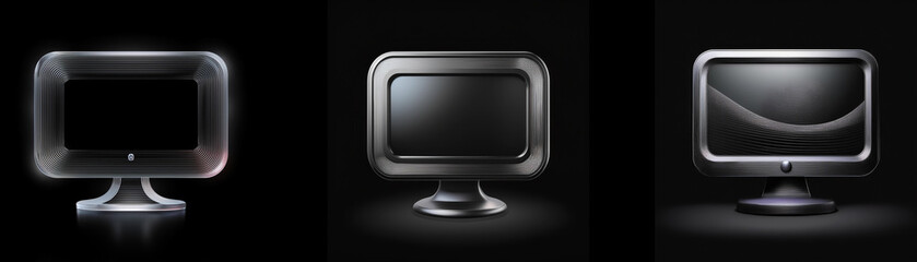 Leinwandbilder - Three sleek, dark gray computer monitors, subtly lit against a black background.  Modern, minimalist design.