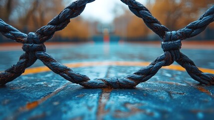Close-up of knotted rope netting on a playground, blurred autumn park background.