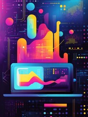 Poster - a vibrant, stylized illustration showing colorful graphs and charts on a laptop, representing data a