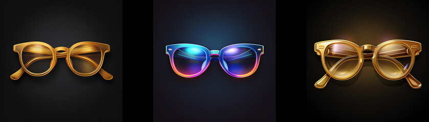 Aufkleber - Three stylish eyewear designs; gold-framed, iridescent, and gold-tinted lenses.  A fashionable accessory collection.