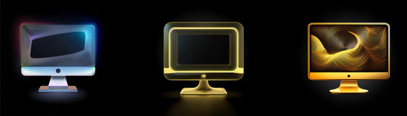Leinwandbilder - Three stylized computer monitors glow in the dark; one silver, one gold, and one displaying an abstract image.