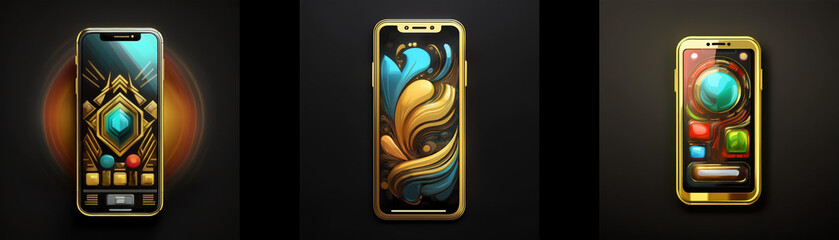 Poster - Three golden smartphones display unique, vibrant designs.  Abstract patterns and glowing gems adorn each screen, showcasing digital artistry.