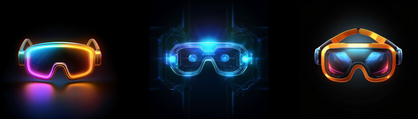 Aufkleber - Three futuristic goggles glow vibrantly against a dark background, showcasing diverse designs and bright neon colors.