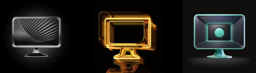 Leinwandbilder - Three stylized monitor icons;  silver, gold, and teal, each displaying unique abstract visuals.