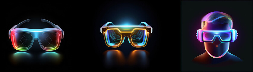 Aufkleber - Futuristic glowing eyewear designs.  Three variations showcase vibrant, colorful illuminated glasses, ideal for augmented reality or virtual reality applications.