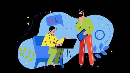 Poster - Two individuals engaged in a discussion with a laptop, showcasing a modern workspace with a blue background.