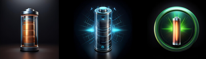 Poster - Three stylized battery illustrations; one transparent, one glowing, and one encased in a circular emblem.  They represent energy storage and power.