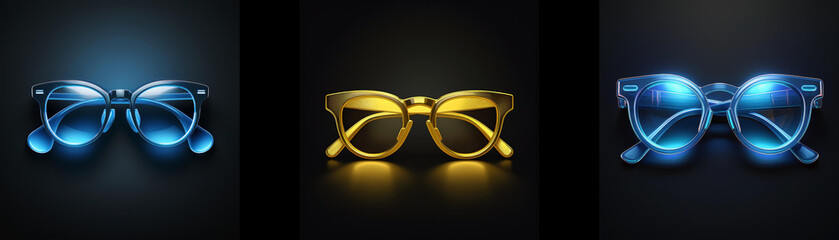 Aufkleber - Stylish eyewear showcased in blue, gold, and dark blue hues against a black backdrop.  The image highlights the sleek design and reflective qualities of the glasses.