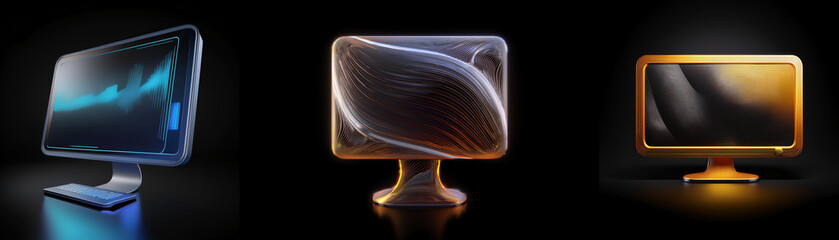 Aufkleber - Three stylized computer monitors on dark background; one displays a graph, another has swirling abstract design, and the last is gold.