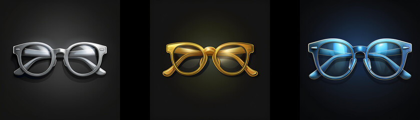 Aufkleber - Three pairs of stylish eyeglasses in silver, gold, and blue hues are displayed against a dark background.  Each pair showcases a sleek, modern design.