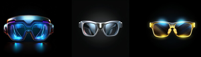 Aufkleber - Three stylish eyewear designs: futuristic goggles, sleek sunglasses, and vibrant spectacles.  Each showcases unique lens technology and frame style.