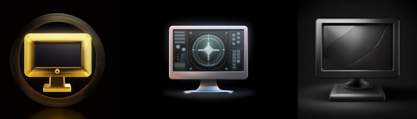 Aufkleber - Three computer monitor icons; gold, silver, and black; displayed against a dark background.  Each shows a different visual style.