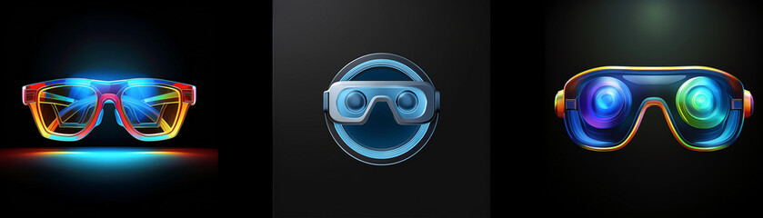 Aufkleber - Three futuristic eyewear designs; vibrant, glowing frames in diverse styles showcasing innovative technology.