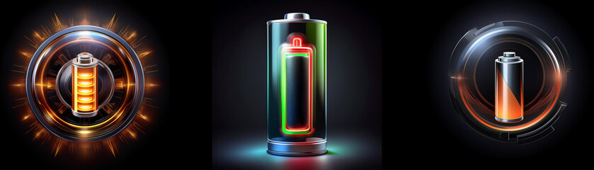 Poster - Three cylindrical battery icons illustrate different charge levels: full, half, and low.  Energy levels are visually represented with glowing light effects.