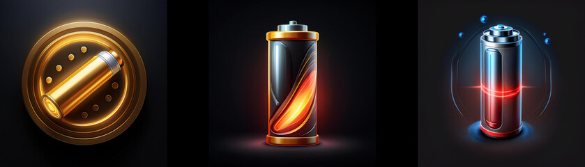 Poster - Golden bullet in a circular frame, a battery charging with orange glow, and a battery discharging with red glow.  Energy, power, ammunition, loading, depletion.