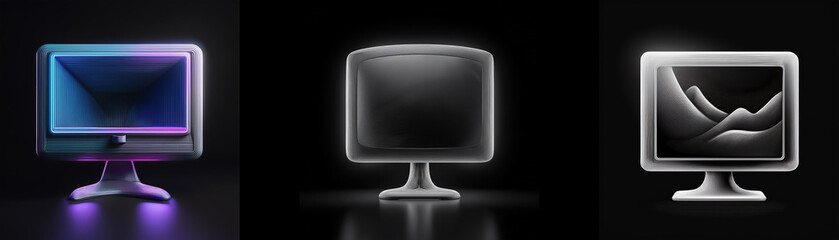 Leinwandbilder - Three glowing computer monitors on dark background.  One displays a gradient, one is blank, and one shows a landscape.