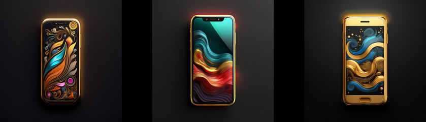 Poster - Three smartphones displayed against a dark background showcase vibrant, abstract artwork on their screens.  The gold-framed devices feature swirling, colorful designs.