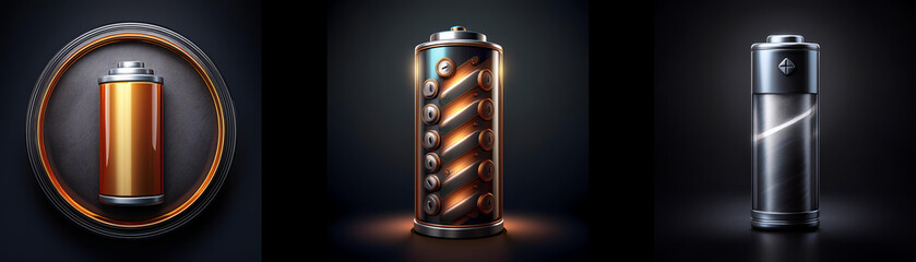 Poster - Three cylindrical battery types are shown, each with a unique design and color scheme.  One is encased in a circular frame.  Power, energy, and storage are implied.