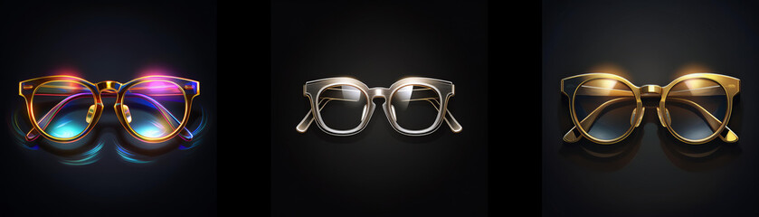 Aufkleber - Three stylish eyeglasses in gold, silver, and iridescent hues are showcased against a dark background, each pair reflecting light.