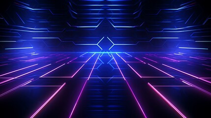 Wall Mural - Dark futuristic background with glowing neon grid lines.