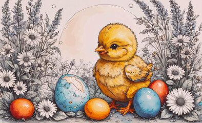 Poster - Yellow chick standing in front of a bunch of eggs. The eggs are in different colors and sizes