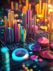 Poster - A vibrant, modern 3D display of colorful bar graphs and pie charts representing data analysis for the year 2024. 3D illustration illustration