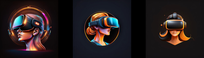 Aufkleber - Three stylized illustrations depict women immersed in virtual reality, showcasing the transformative power of technology and its immersive capabilities.