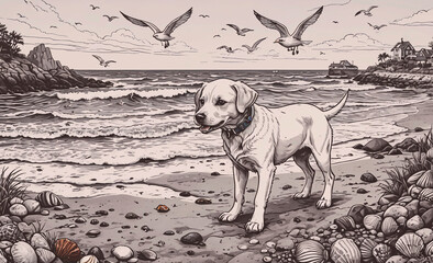 Poster - Dog is standing on the beach next to a body of water. There are several birds in the background