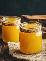 Pure or desi ghee (ghi), clarified melted butter. Healthy fats bulletproof diet concept or paleo style plan. Glass jars on vintage sackcloth. Wooden boards background, copy space, close up