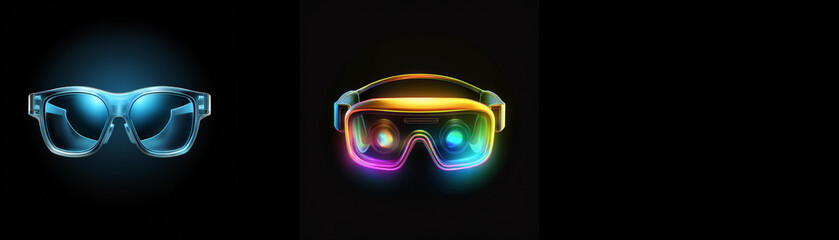 Aufkleber - Glowing eyewear, futuristic design, vibrant colors.  One pair is blue, the other displays a rainbow spectrum.