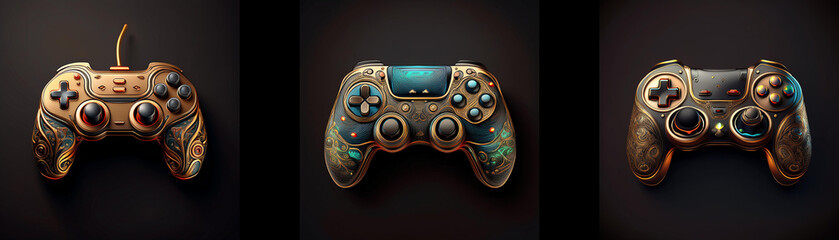 Poster - Three ornate game controllers, bronze and teal, displayed against a dark background.  A trio of elegant gaming devices.